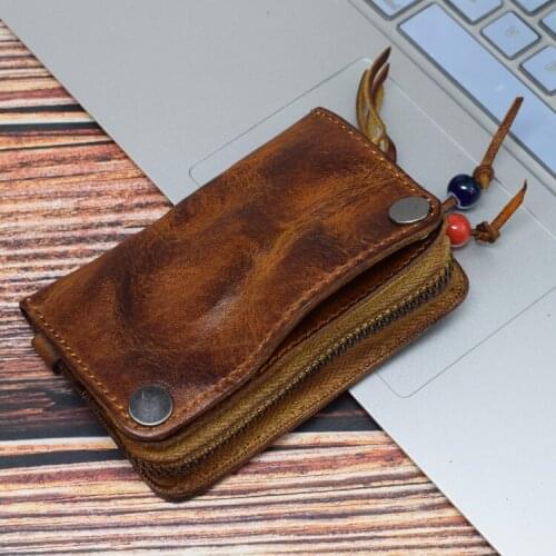 Water washed vintage first layer genuine cow leather key bag keychain wallet keys pouch purse