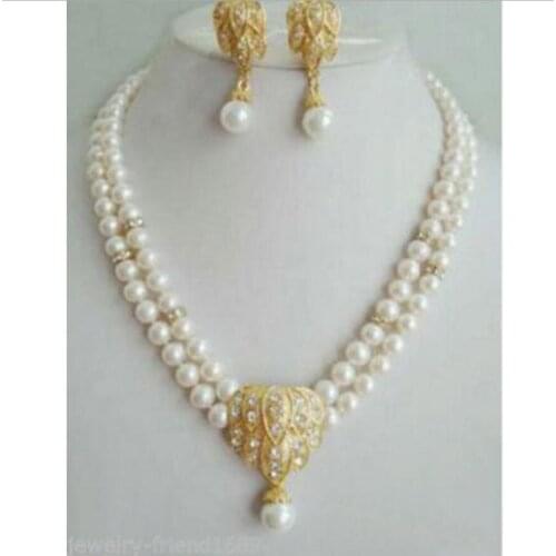 Jewelry 2 rows white pearl pendant earrings necklace sets