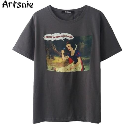 Artsnie disney cartoon print t shirt women summer o neck short sleeve oversized tops femme streetwear casual dark gray t-shirt