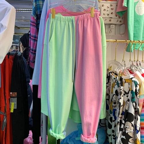 2021 Summer New Women Pants Full Length Panelled Spliced Pencil Pants Casual Elastic Waist Patchwork Girls Pants Sport Joggers