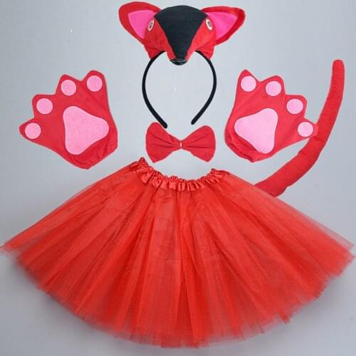 Women Girl Kids Red Fox Costume Headband Tail Tie Paw Skirt Animal Cosplay Props Birthday Gift Party Set Halloween Christmas