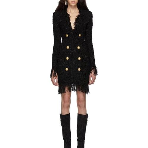 2019 New Autumn Spring Design Sexy V-neck Solid Luxury Double Breasted Buttons Slim Straight Tassel Weaving Dress High Quality