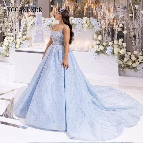 Romantic Blue Wedding Dress 2021 Bridal Gown Square Spaghetti Chapel Train Sparkly Beading Long Bride Formal Wear Custom Made