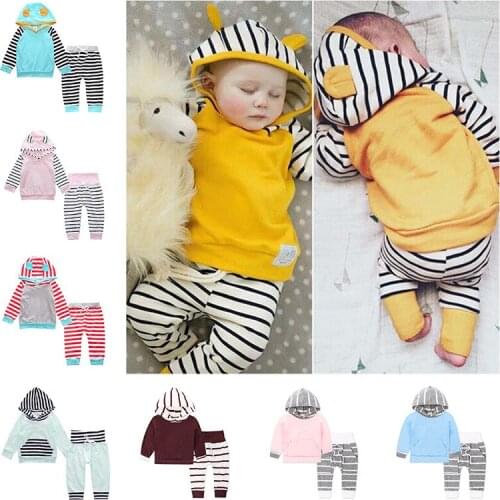 2019 Newborn Baby Girl Boy Clothes Autumn Long Sleeve T-Shirt Hooded Tops Floral Striped Pants 2 Pcs Suits Children Clothing Set