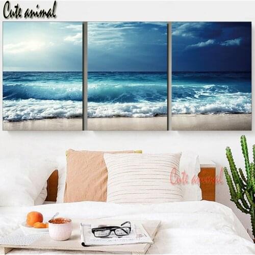 5D DIY Diamond Painting cross stitch Beach blue waves full square/round diamond mosaic embroidery 3 pcs living room decoration