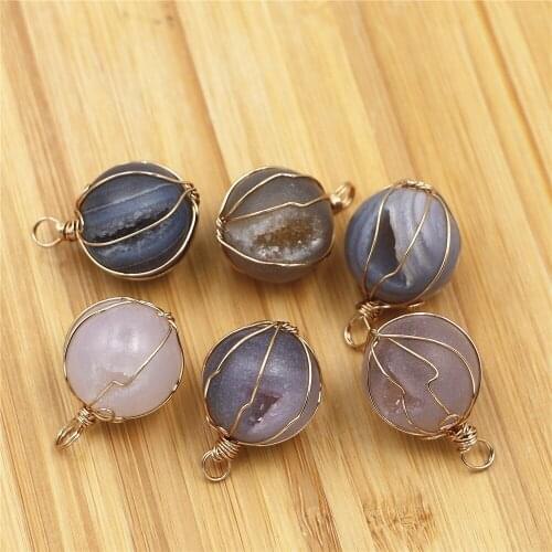 6pcs/pack of 100% Natural Stone Round Agates Beads Blessing Pendant Line Wrapped Jewelry Necklace Making Stainless Steel Chain