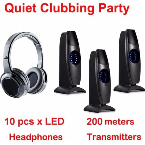 Silent Disco complete system black led wireless headphones - Quiet Clubbing Party Bundle (10 Headphones + 3 Transmitters)