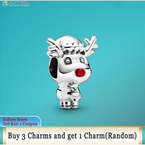 Ahthen 925 Sterling Silver Red Nose Reindeer Charm fit Original Pandora Bracelets for Women Jewelry Making Girl Birthday Gift