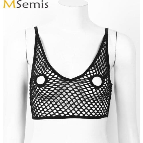 Women Lingerie Erotic Hollow Out Nipples Bra Top Sexy Sheer Netted Longline Crop Top Femme Spaghetti Straps Cheeky Bralette Vest
