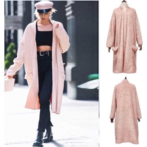 Faux fur long coat pink cashmere coat Cashmere warm long coat