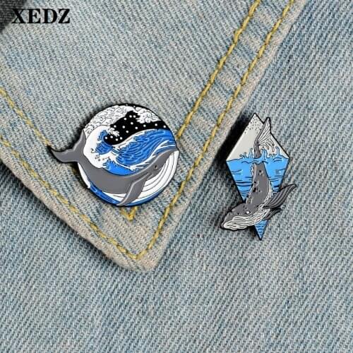 XEDZ cute whale animal enamel pin round badge sea waves starry fish tail funny jewelry bag clothes lapel brooch gift to friends