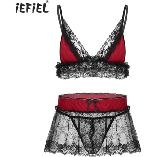 Gay Underwear Mens Erotic Sissy Lace Lingerie Set Nightwear Spaghetti Straps Bra Top with G-string Sex Skirt Adults Exotic Sets