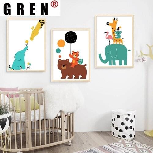 GREN Cartoon Bear Elephant Tiger Animal Good Friend Canvas Painting Wall Art Painting Print Poster Picture Bedroom Living Decor