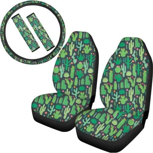 INSTANTARTS Plant Cactus 5 pcs Design Front Seat Cover Easy Clean Steering Wheel Cover Set for Children Seat Belt Sets Covers