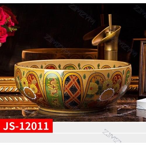 Retro Pattern Art Ceramic Washbasin Round Bathroom Sink Balcony Countertop Basin Lavatory Sink Matching Set Drain And Faucet