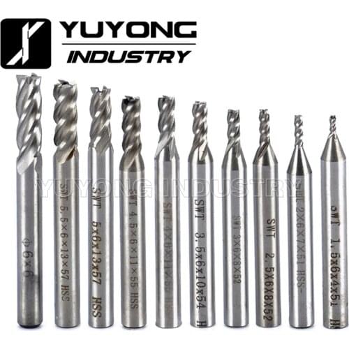 10pcs/Set HSS 4 Flute 1.5/2/2.5/3/3.5/4/4.5/5/5.5/6mm End Mill Straight Shank Router Drill Bits Woodworking Milling Cutter Tool