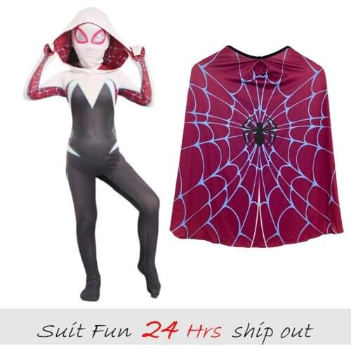 Women Spider-Gwen Cosplay Costumes Spandex White Black Hoodies with Headgear Costumes Suitable for Halloween 24 Hrs Shipped Out