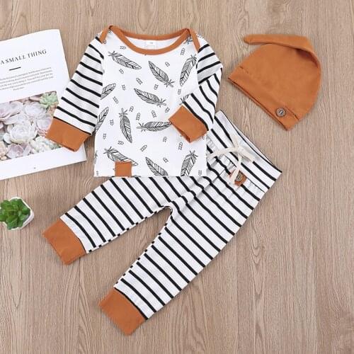 Fashion 0-24m Autumn Newborn Boys Girls Clothes Jumpsuit Stripe Feather Cotton Romper Tops Pants With Hat Комплекты Одежды