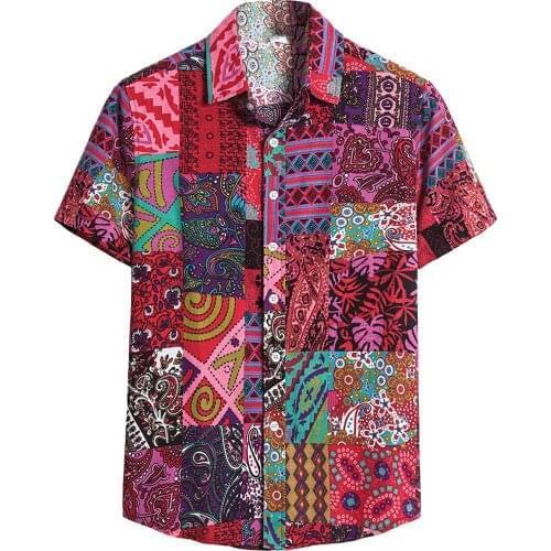 Summer 2021 Ethnic Shirt For Men Vintage Casual Short Sleeve Print Shirt Loose Blouse Vestidos Dress Shirts camisas para hombre