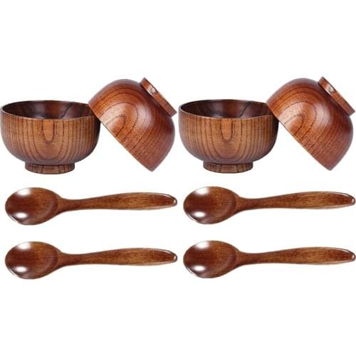 Wood Spoons Bowl Set,Wooden Flatware Tableware Cutlery Soup Rice Bowls Serving Tableware For Eating,Rice,Soup