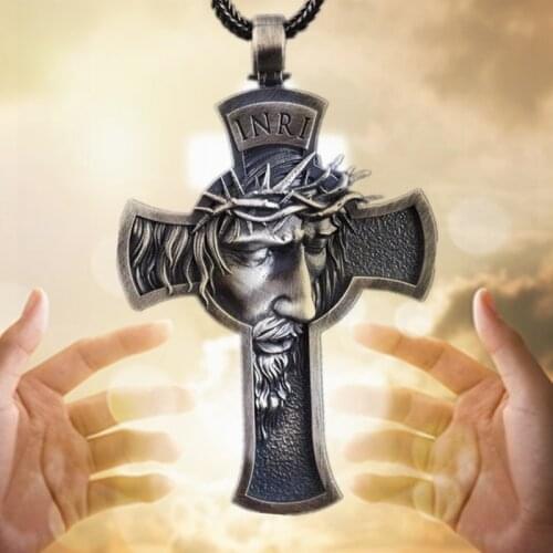 Retro Religion Jesus Cross Pendant Necklace Link Chain Fashion Jewelry Gift Figure Relief Choker Men Women Gift