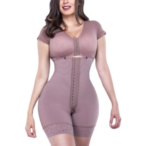 Adjustable Hook Eye Front Closure Fajas Colombianas Short Sleeve Women Shapewear With Bra