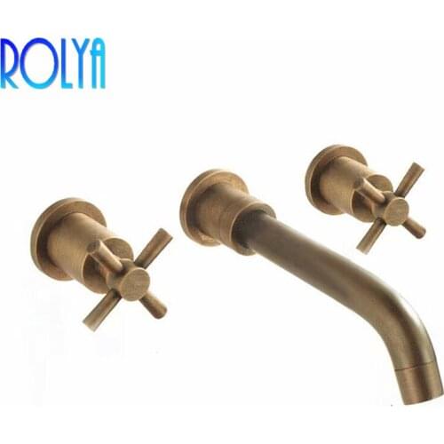 ROLYA Antique Brass Cross Handles In wall Basin Faucet Vintage Old Style Bathroom Mixer Taps