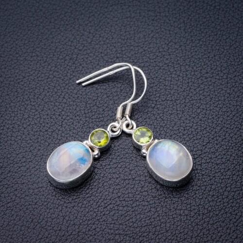 StarGems Natural Rainbow Moonstone And Peridot Handmade 925 Sterling Silver Earrings 1.5" D7265