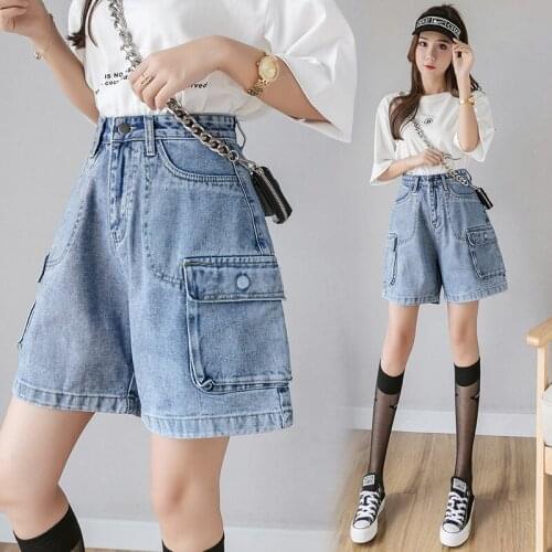 Korean Blue Pocket Denim Shorts Women Summer Loose 2021 New Wide-leg Fashion Straight High Waist Harem Short Jeans Streetwear