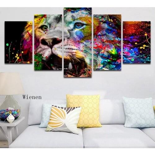 Modern Colorful Animal Wall Art Canvas Painting Hd Print Lion Poster Five Pieces Frameless Living Room Home Decoration