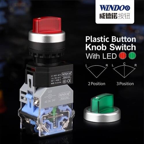 WINDOO 10A high current RED GREEN konb head Plastic push button switch 1N01NC 2NO WITH LED 9-24/220V