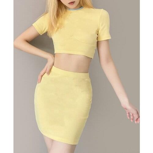 Women Sexy 2 Piece Outfits Skirts Sets Crew Neck Short Sleeve Crop Top High Waist Pencil Mini Skirt Summer Female Ladies Fashion