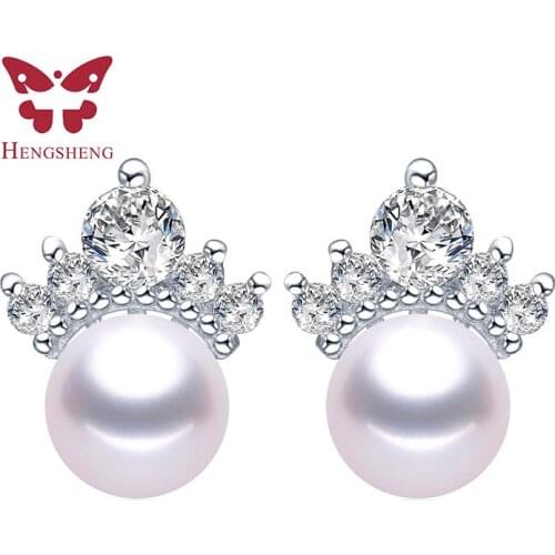 HENGSHENG 9-10mm Natural Fresh Water Pearl Princess Crown Diamond Studs 925 Sterling Silver Fine Jewelry For Women Gift