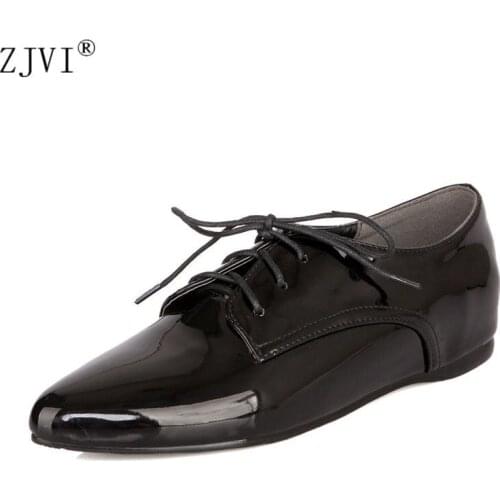 ZJVI Women Lace Up Flats 2020 Spring Autumn Patent PU Flat Shoes Ladies Woman Fashion Pointed Toe womens Work Casual Shoes
