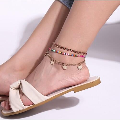 Korean fashion micro-inlaid crystal color anklet women rice bead butterfly fashion suit foot ornament fashion anklet