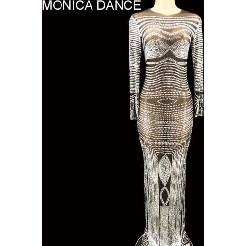 Women Silver Luxury Rhinestone Transparent Black Mesh Long Dress Dancer Bar Show Outfit Wedding Birthday Party Evening Dress