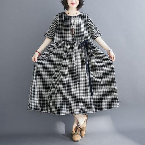 2021 New Arrival Cotton Linen Fashion Plaid Summer Dress Bandage Holiday Travel Casual Dress Women Long Maxi Vintage Dress