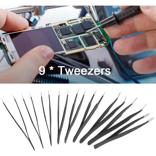 9Pcs/set Anti-stati Tweezers For Soldering Iron Stainless Steel Antistatic Nipper Antistatic Safe Tweezers for SMD