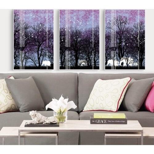 Abstract Purple Sky Forest Tree Elephant Bird Canvas Painting Wall Art Posters And Prints Pictures For Living Room Home Decor