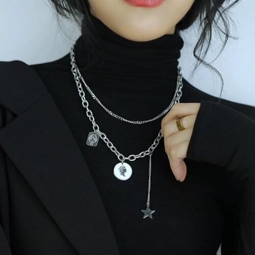 ANIWON Silver Color Stainless Steel Double-layer Hip-hop Sweater Necklace ins Fashion Pendant Coin Chain Jewelry For Girl