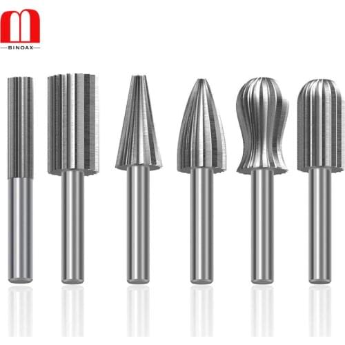 BINOAX 6pcs Carbide Cutter Rotary Burr Set CNC Engraving Bit Rotary File Bur Grinding Shank 6mm 1/4" For Dremel Rotary Tools