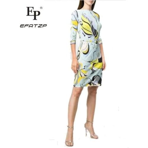 [EFATZP] New Fashion Designer Dress Womens 3/4 Sleeves flowers Print XXL Stretch Jersey Slim Silk Day Dress