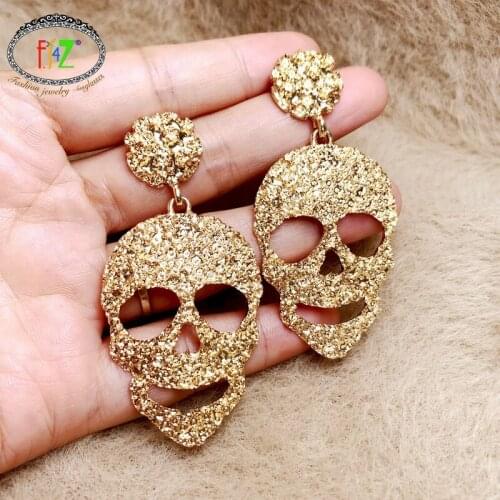 F.J4Z Golden Punk Earrings Hyperbole Silver Color Alloy Skull Head Drop Earrings Trendy Ladies T-Show Jewelry