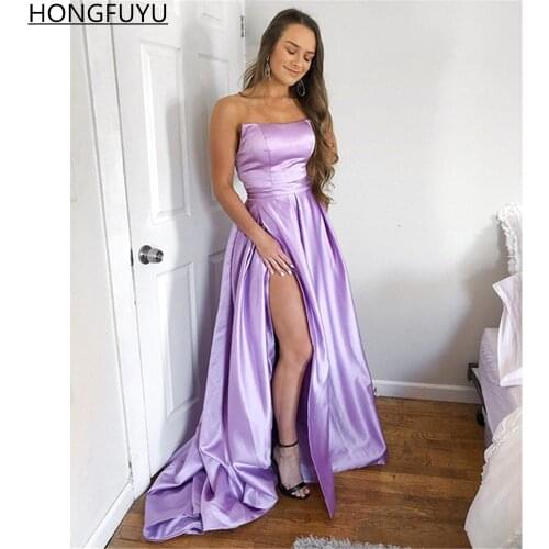 HONGFUYU A Line Satin Spaghetti Straps Prom Party Dress Sweep Train Lilac вечерние платья Formal Evening Dresses with Side Slit