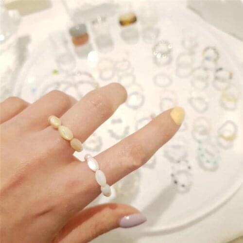 Dainty Stackable Rings Pearl Wood Shell Elastic Heart Star Golden Beaded Rings for Women Girls Finger Jewelry