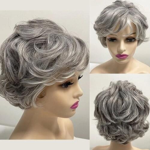 6 Inch Short Synthetic Wig Mix White And Grey For Parity And Daily Wear Heat Resistant Fiber Natural Wave Hair