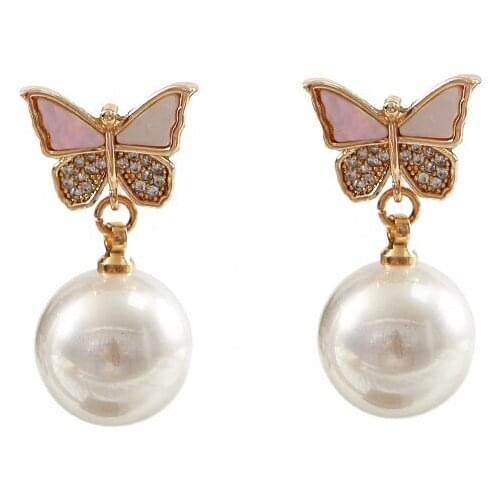 LANFLORA fashion gift butterfly zircon women pearl stud earrings copper alloy earrings Classic bulk wholesale earrings