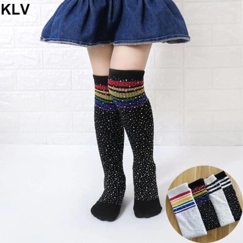 Girls Fashion Knee High Socks Kids Football Stripes Cotton Sports School White Colorful Striped Rhinestone Socks Skate Children