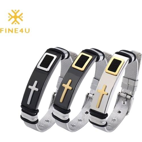 FINE4U B336 Titanium Steel Cross Bracelet For Men Double Safety Clasp Male Wristband Adjustable Jewelry