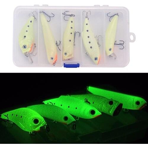 5Pcs/lot Fishing Lure Set Luminous Vib Lure Baits Popper Crank Minnow Pencil Wobblers Hard Baits Sinking Pesca with Lure Box